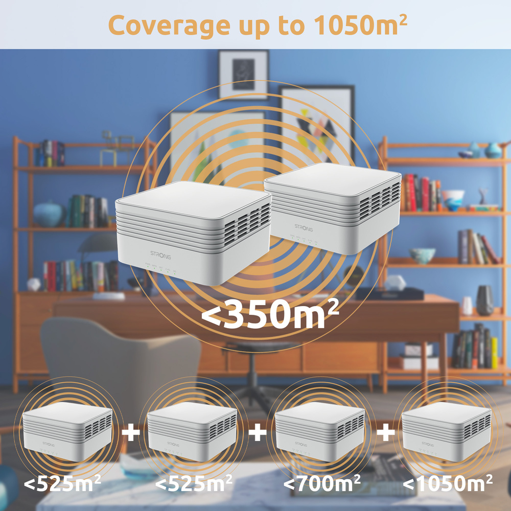 Strong 2er-WiFi-Mesh-Repeater-Kit AX3000, WiFi 6, max. 3000 Mbit/s, MU-MIMO, bis zu 1050 m²