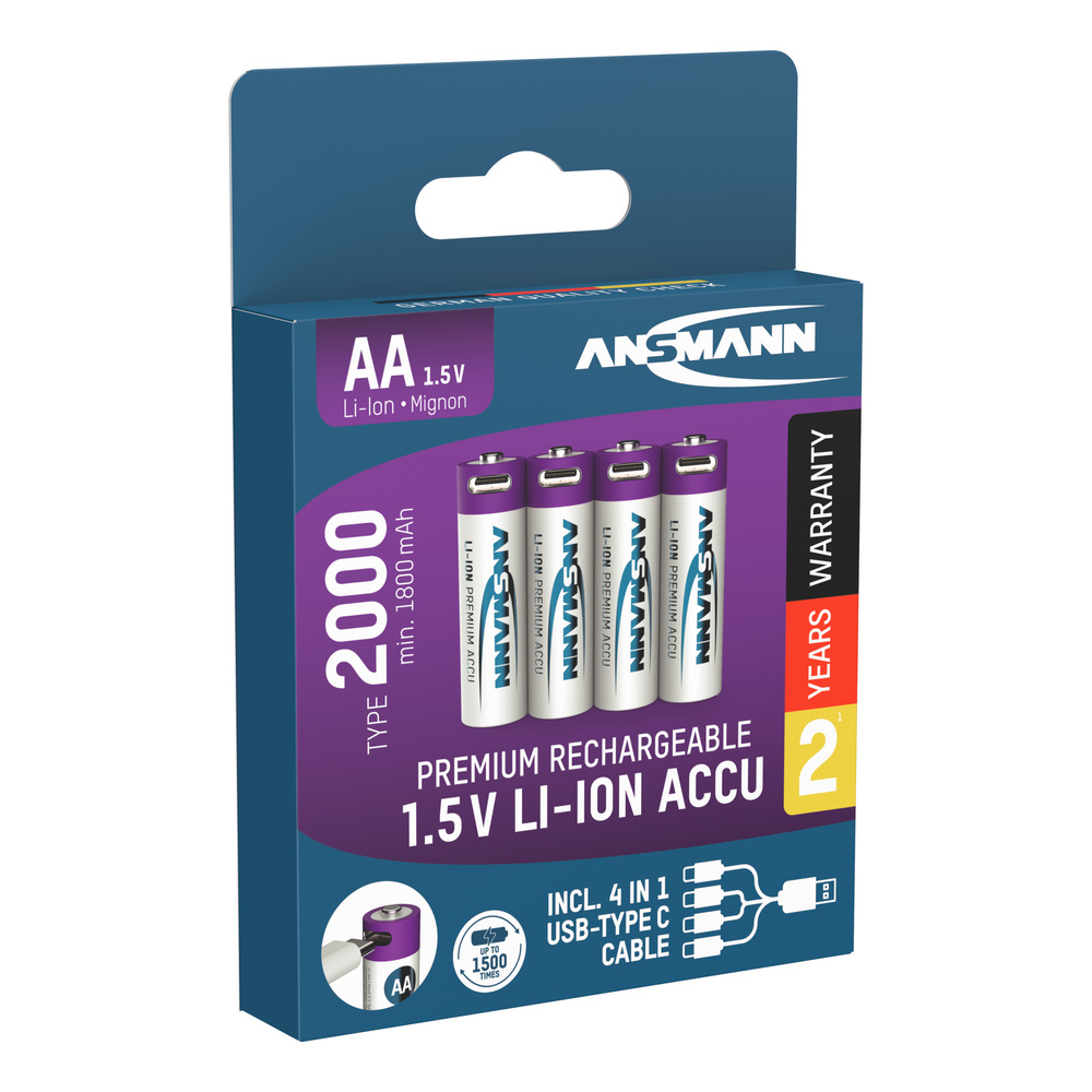 Ansmann Li-Ion Akku Mignon/AA 4er-Set mit USB-C-Ladebuchse, 1,5 V, 2000 mAh