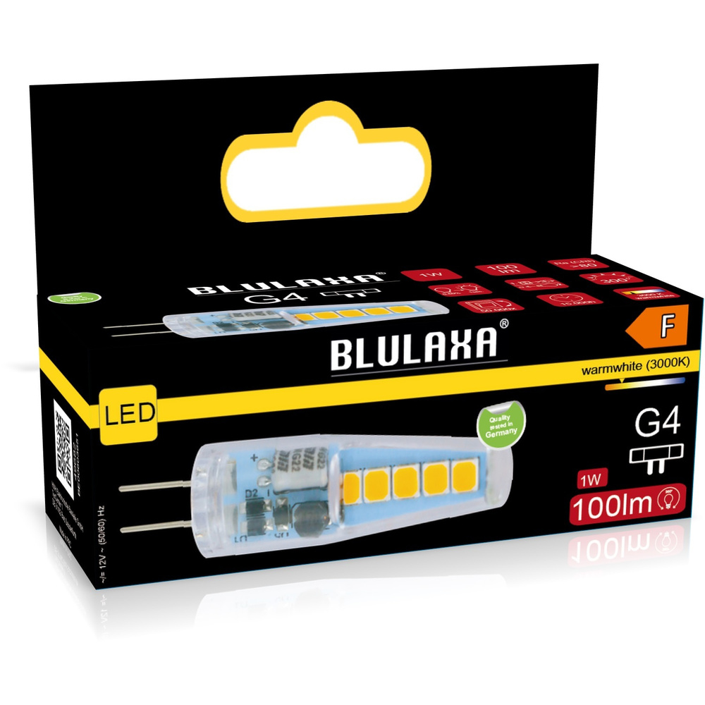 Blulaxa 1-W-G4-LED-Lampe, T11, Stiftsockellampe, 100 lm, 3000 K, warmweiß, 300°, 12 V AC/DC