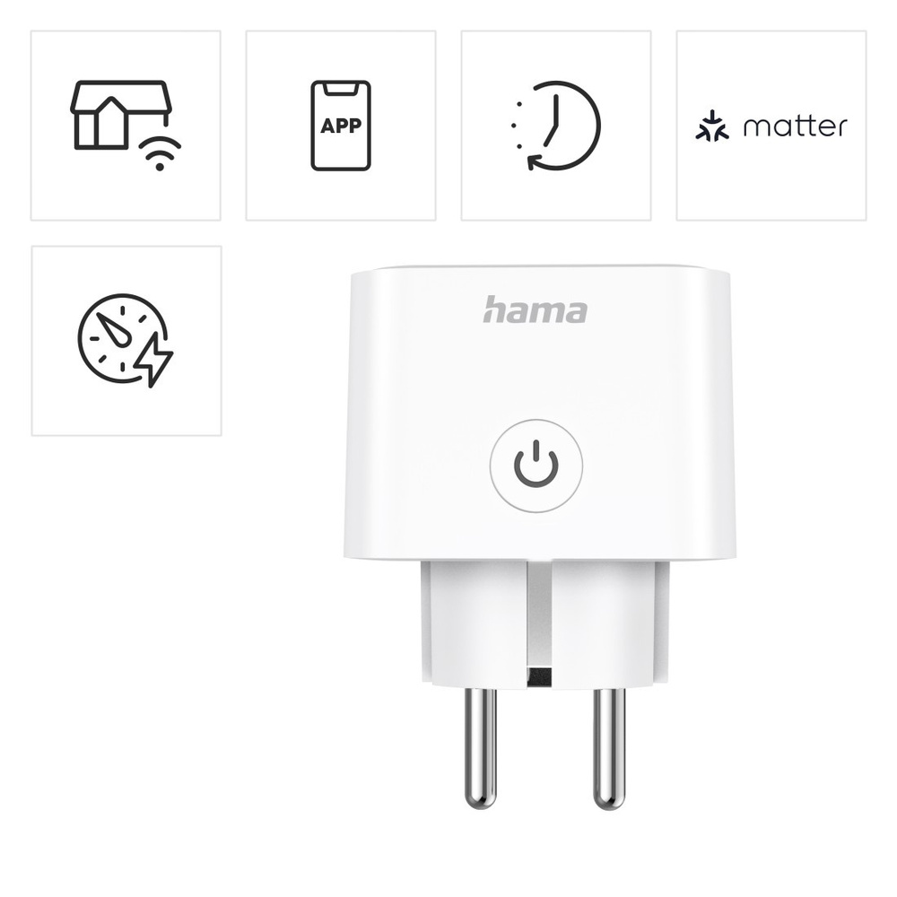 hama Smarte WLAN-Steckdose mit Energiemessung, für innen, Matter, sprach-/appgesteuert, 3680W