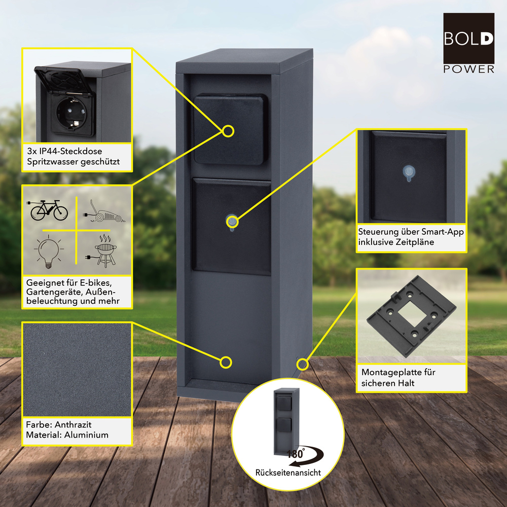 Smart Home Steckdosensäule, 3-fach Steckdose, Aluminium, IP44, WiFi, eckig, Anthrazit