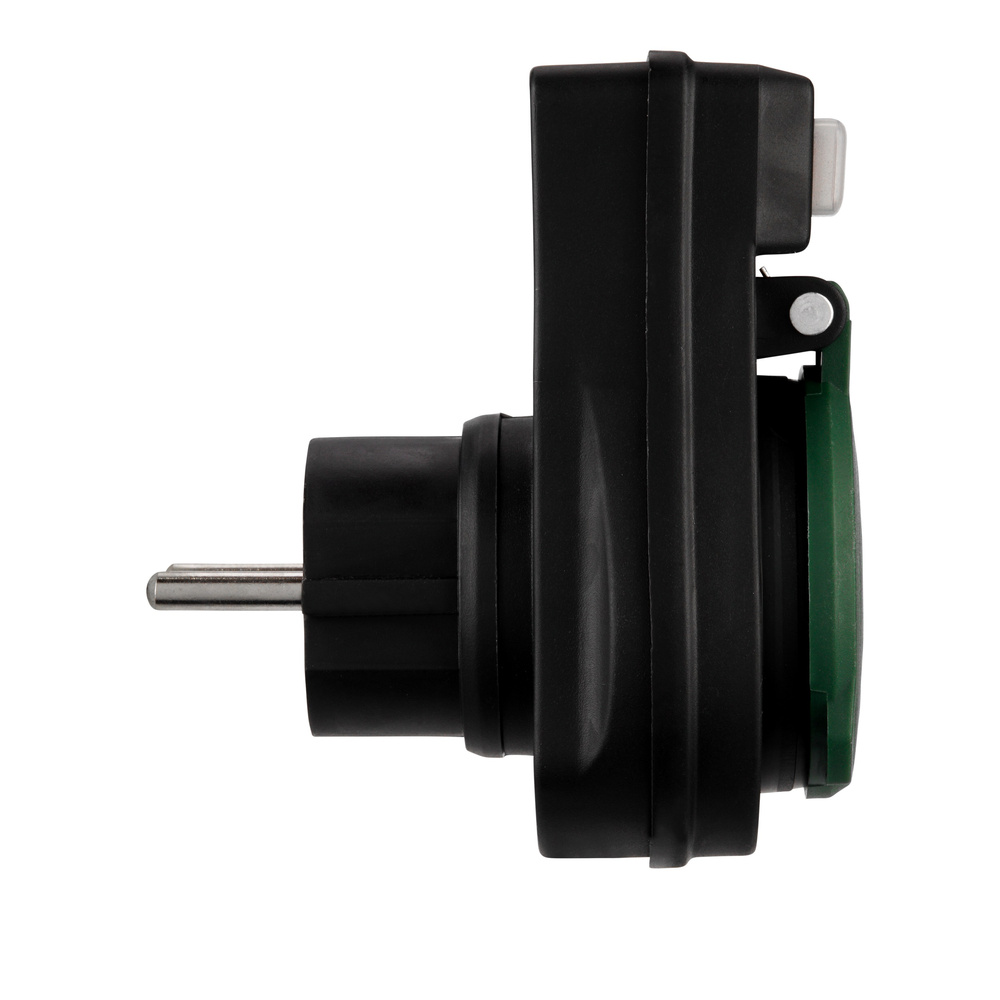 REV Ritter Steckdosenadapter IP44, mit Schalter und Klappdecker, Schwarz-Grün