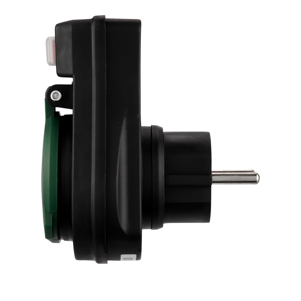 REV Ritter Steckdosenadapter IP44, mit Schalter und Klappdecker, Schwarz-Grün