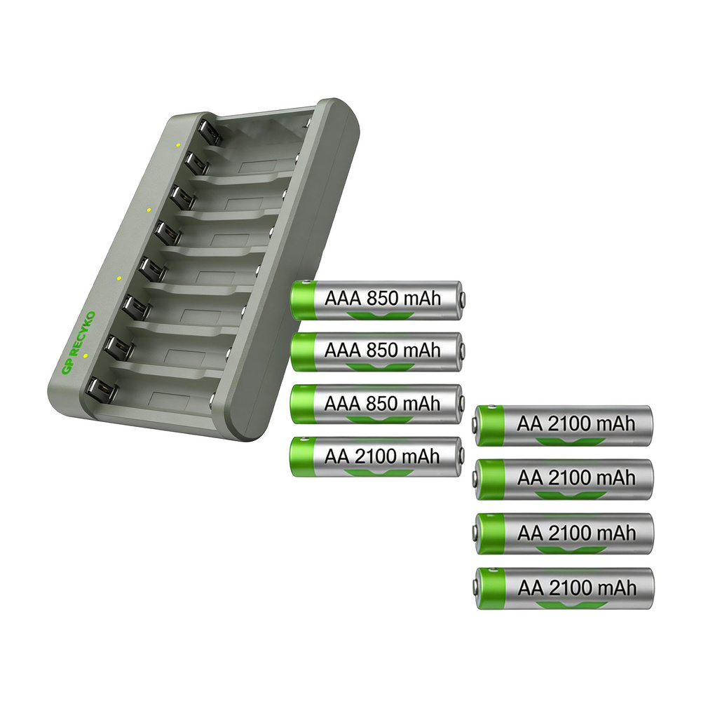 GP USB-Ladegerät E821 Micro (AAA) und Mignon (AA), inkl., 4 x RECYKO AA 2100 mAh, 4 x RECYKO AAA 850 mAh