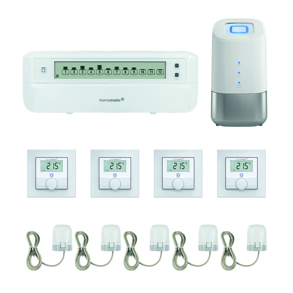 Homematic IP Smart Home Starter Set mit Home Control Unit, 4 Wandthermostate, Fußbodenheizungscontroller und 5 Stellantriebe