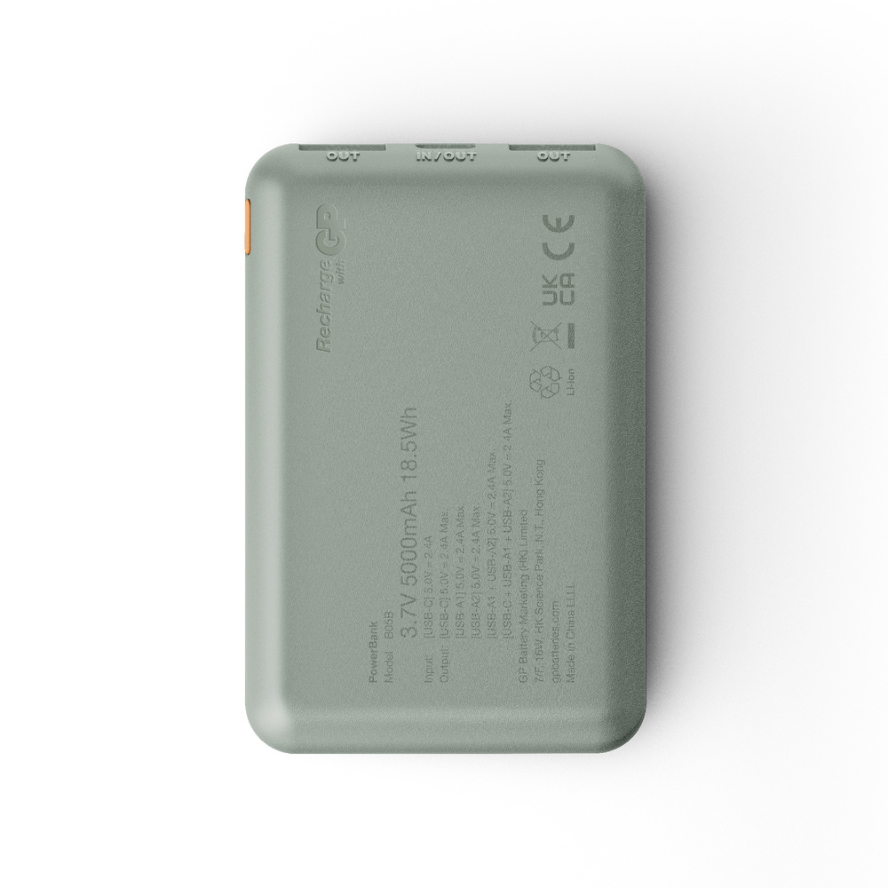 GP Powerbank B05B, 5.000mAh, 2x USB-a, 1x USB-C, Moosgrün