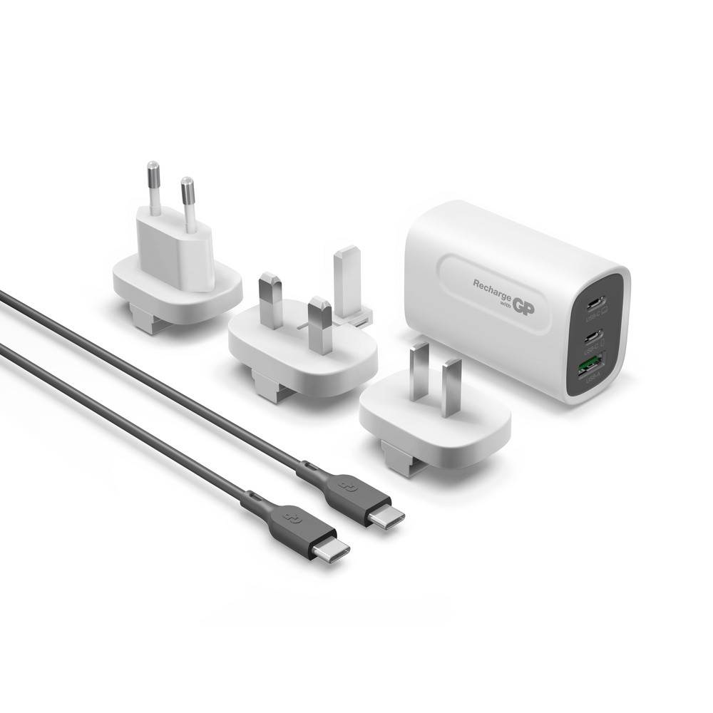 GP Steckerlader GM3A 65W, GaN, 2x USB-C und 1x USB-A, Weiß