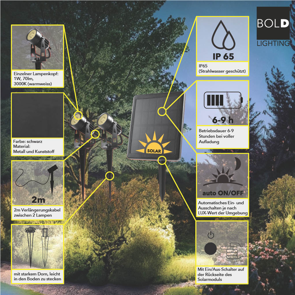 Die Bold SIMON LED Solar, IP65, 3000K, SP 6V, 2er Set