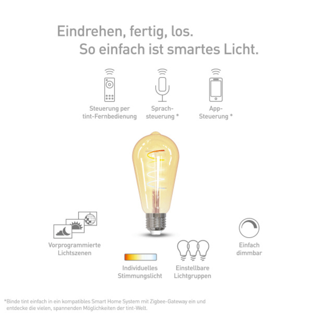 tint Smart Home Vintage Leuchte, LED ST64 Retro, 4,9W, 350lm, E27, 64x140mm, CCT, Zigbee
