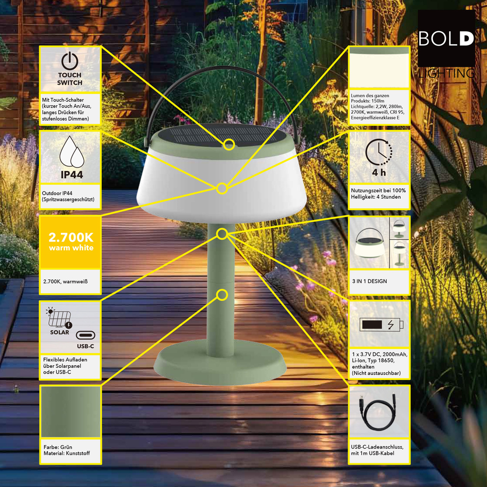 Die BOLD tragbare Solar-Tischlampe, Grün, Solar