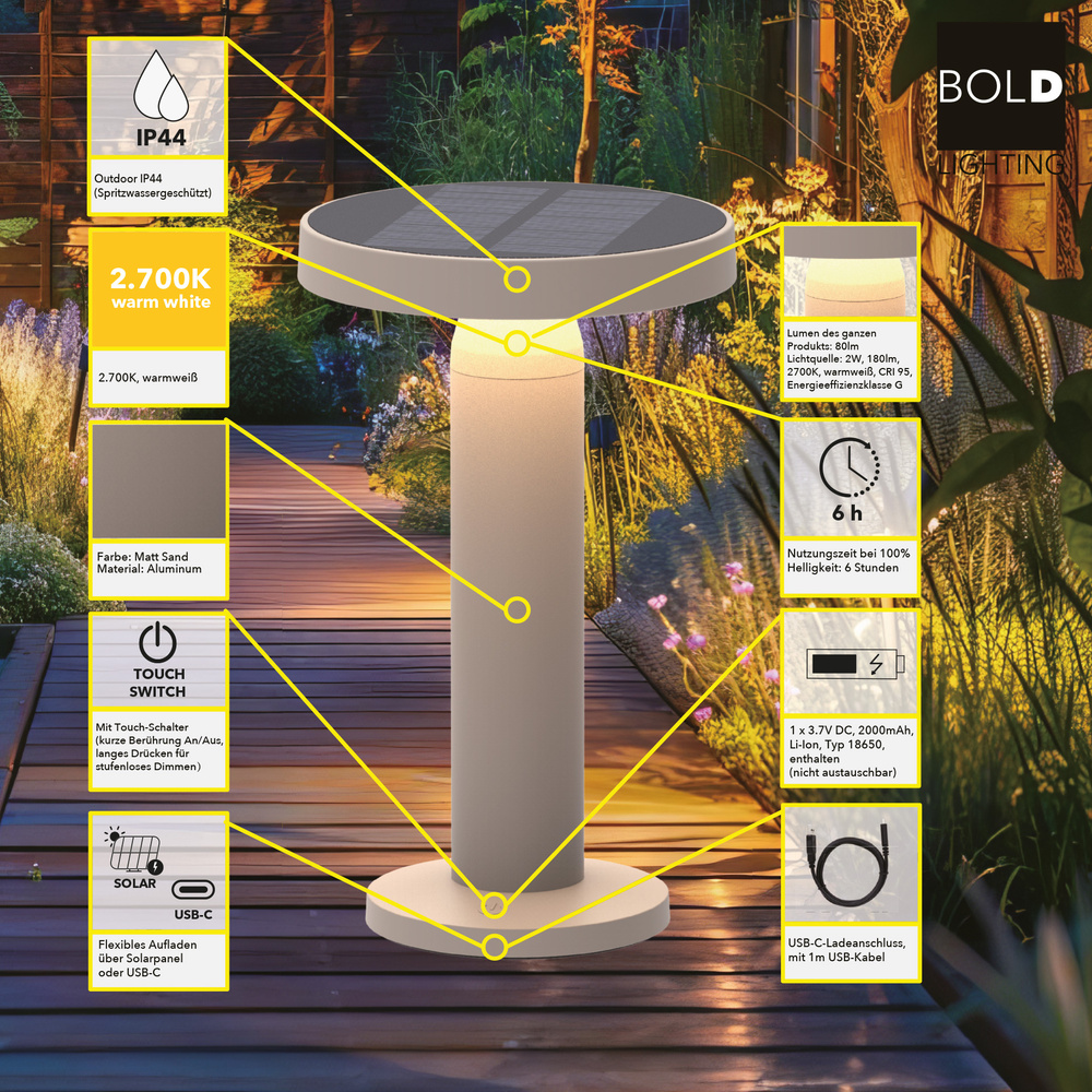 Solar-Tischlampe, Matt Sand, stufenlos dimmbar, Solar