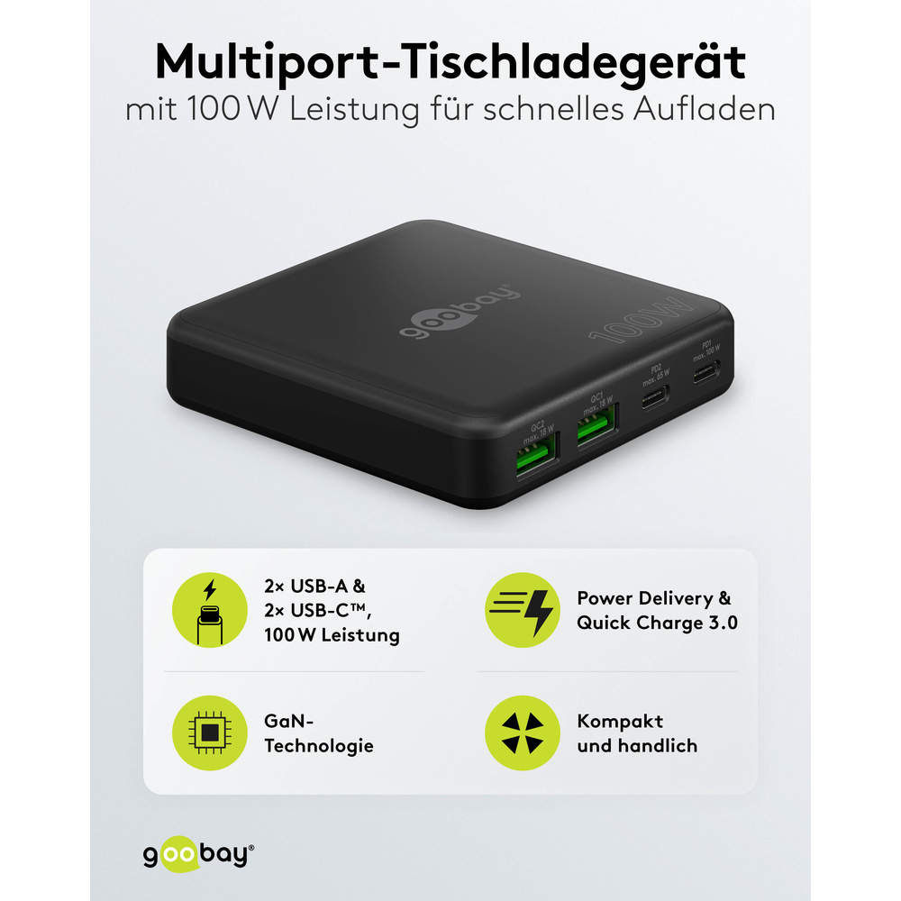 Goobay USB-C™ PD GaN Multiport-Tischladegerät, 100 W, 4 Ports, Schwarz