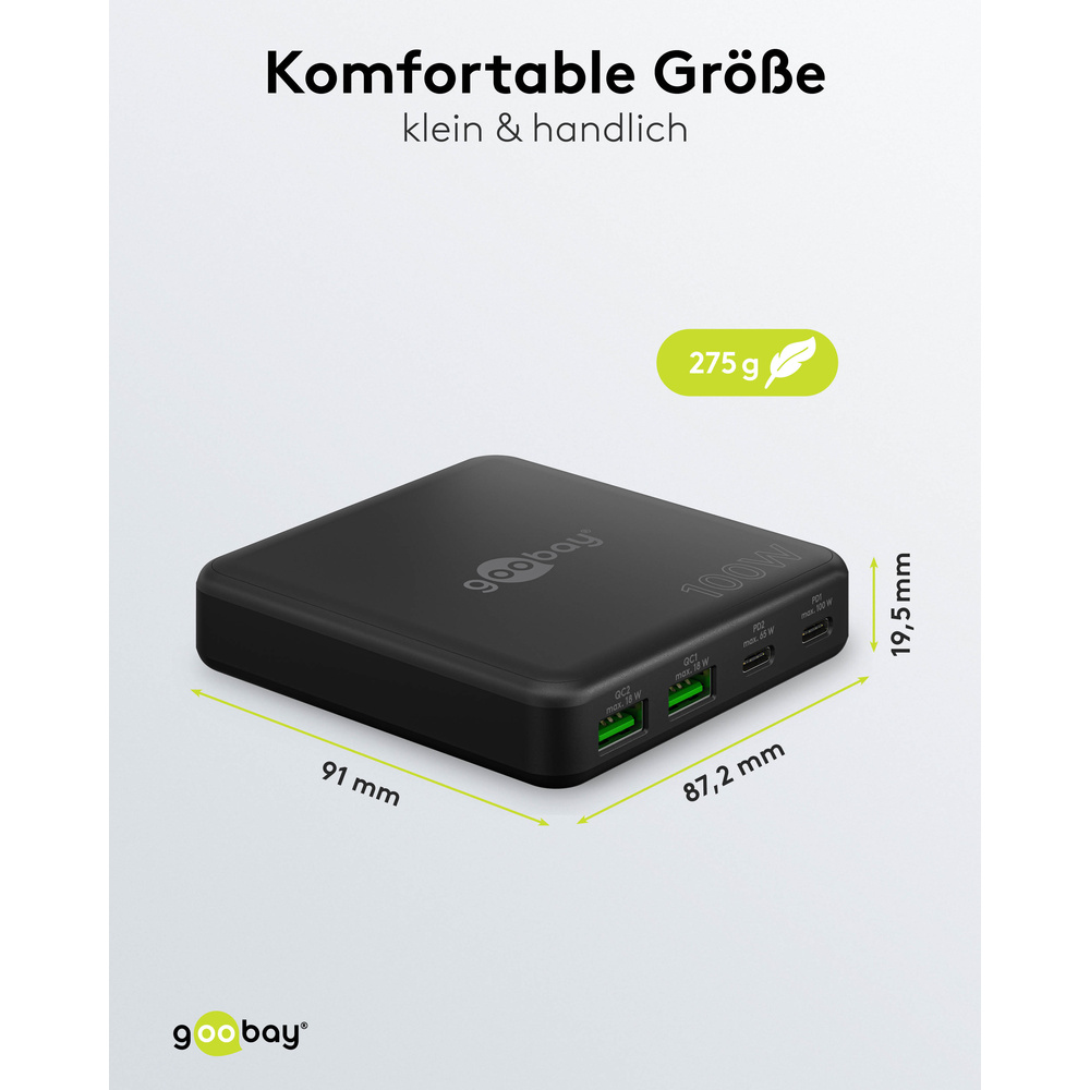 Goobay USB-C™ PD GaN Multiport-Tischladegerät, 100 W, 4 Ports, Schwarz