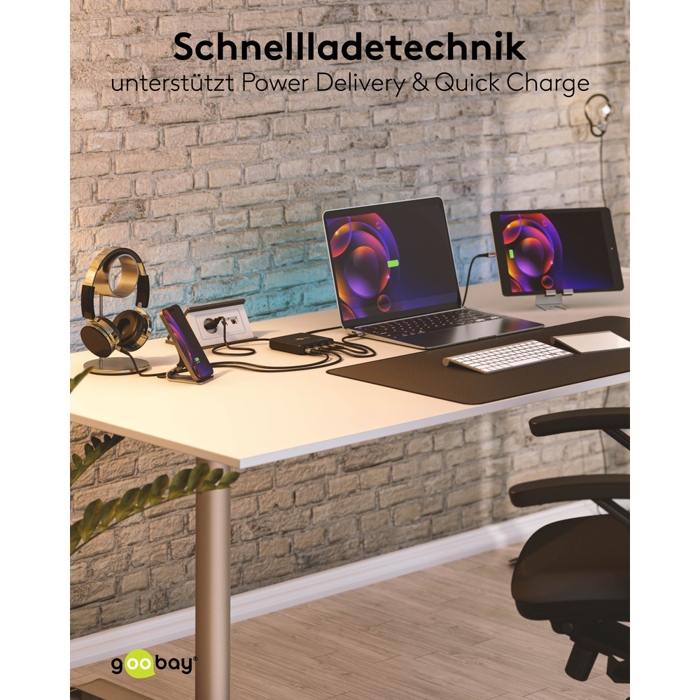 Goobay USB-C™ PD GaN Multiport-Tischladegerät, 100 W, 4 Ports, Schwarz