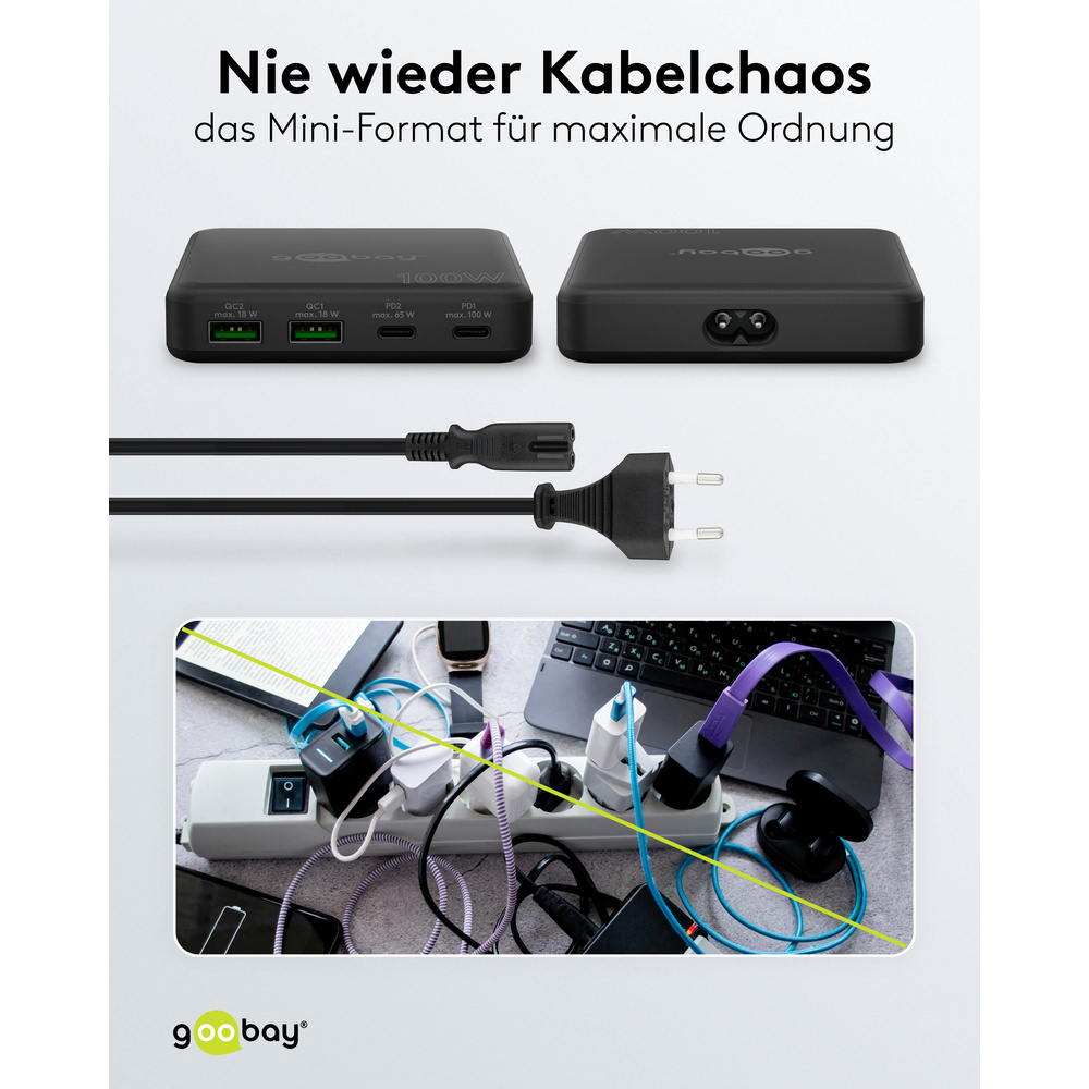 Goobay USB-C™ PD GaN Multiport-Tischladegerät, 100 W, 4 Ports, Schwarz