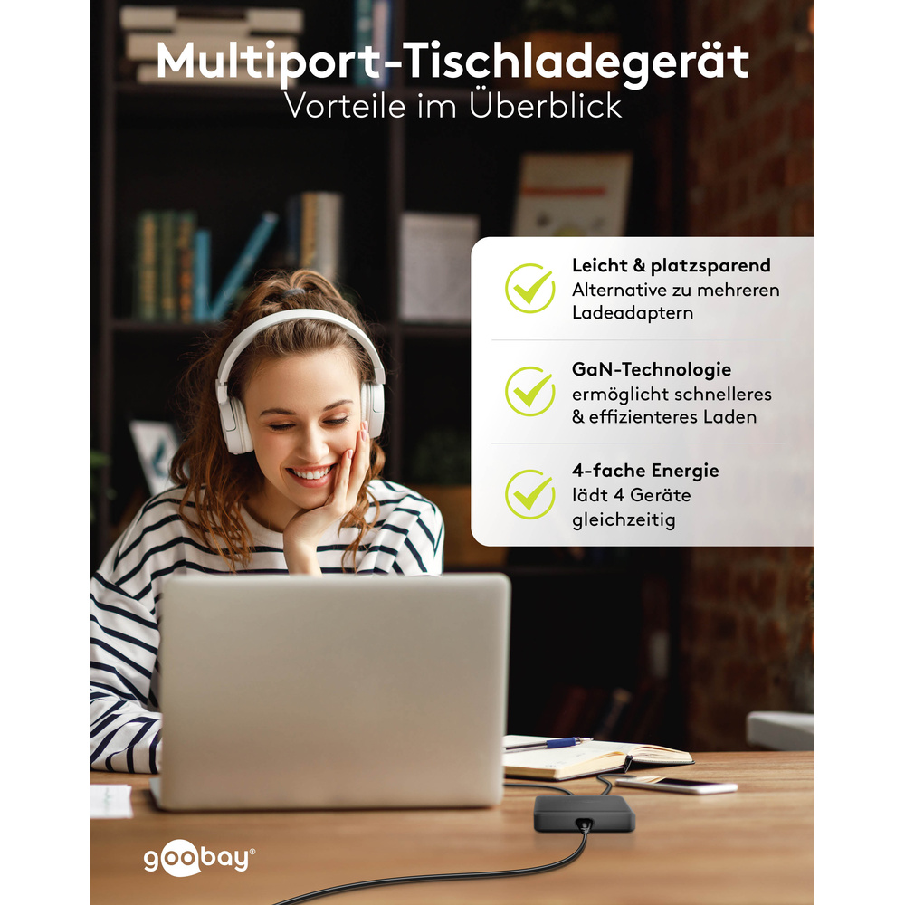 Goobay USB-C™ PD GaN Multiport-Tischladegerät, 100 W, 4 Ports, Schwarz