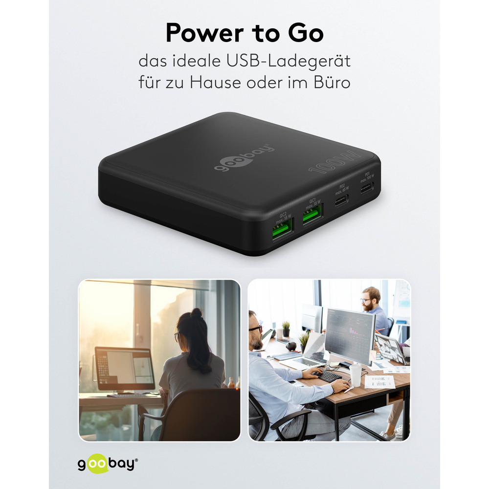 Goobay USB-C™ PD GaN Multiport-Tischladegerät, 100 W, 4 Ports, Schwarz