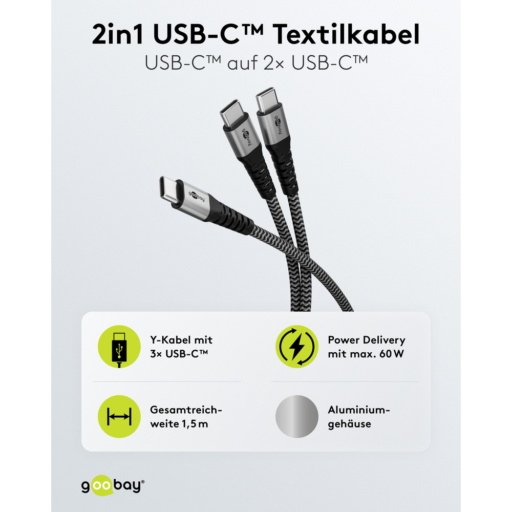 Goobay USB-C™-Textilkabel, 60 W, Power Delivery, 1,5 m, Schwarz-grau