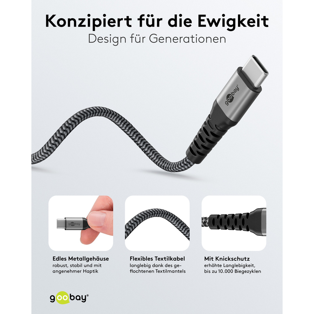 Goobay USB-C™-Textilkabel, 60 W, Power Delivery, 1,5 m, Schwarz-grau