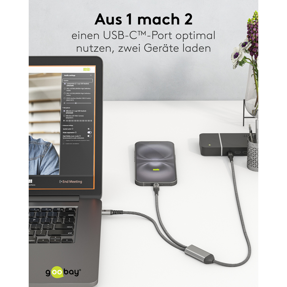 Goobay USB-C™-Textilkabel, 60 W, Power Delivery, 1,5 m, Schwarz-grau