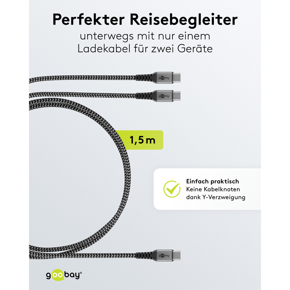 Goobay USB-C™-Textilkabel, 60 W, Power Delivery, 1,5 m, Schwarz-grau