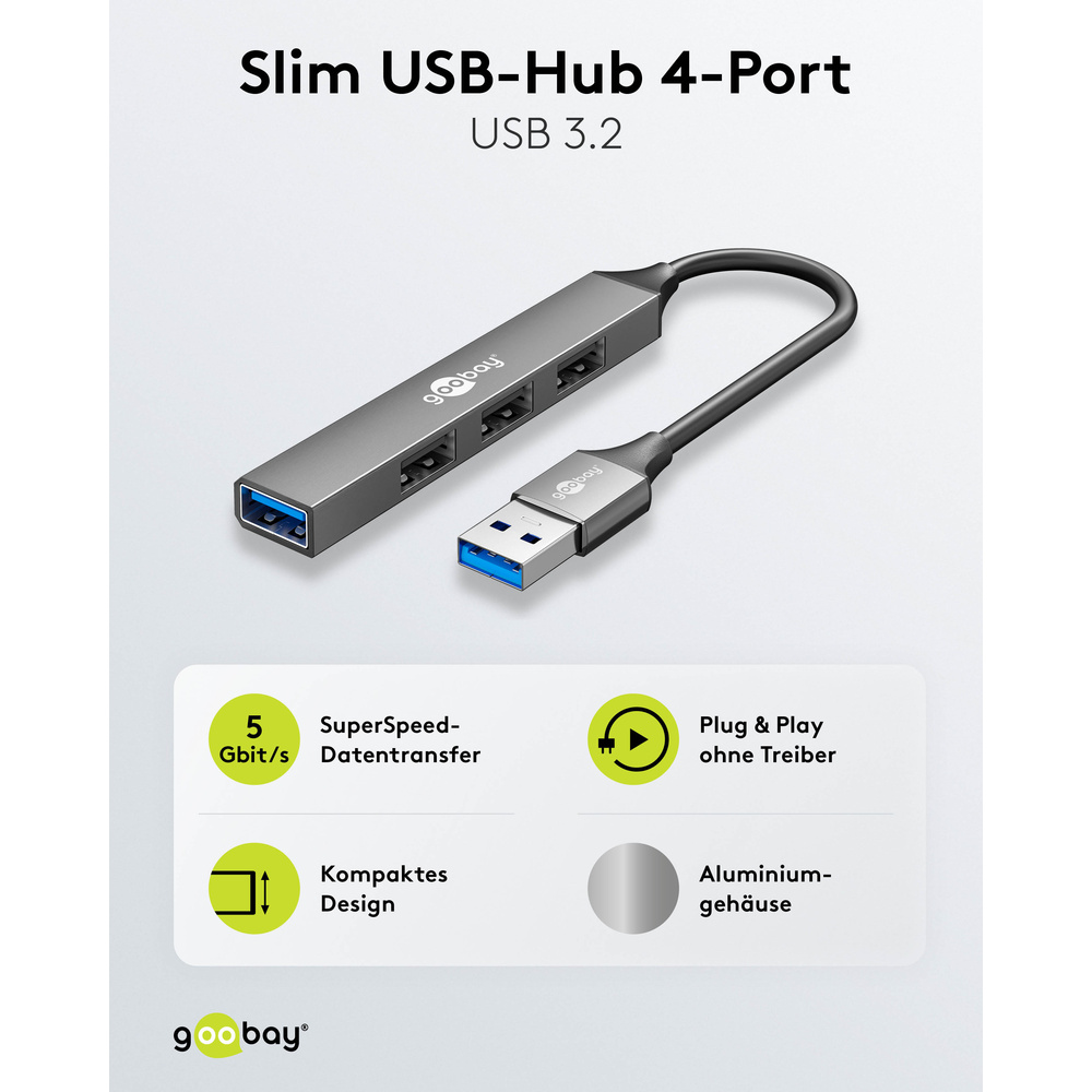 Goobay Slim 4-Port USB-Hub, USB-A auf USB-A, 5 Gbit/s
