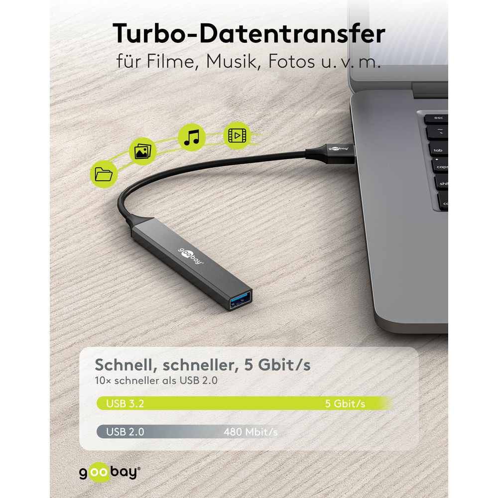 Goobay Slim 4-Port USB-Hub, USB-A auf USB-A, 5 Gbit/s