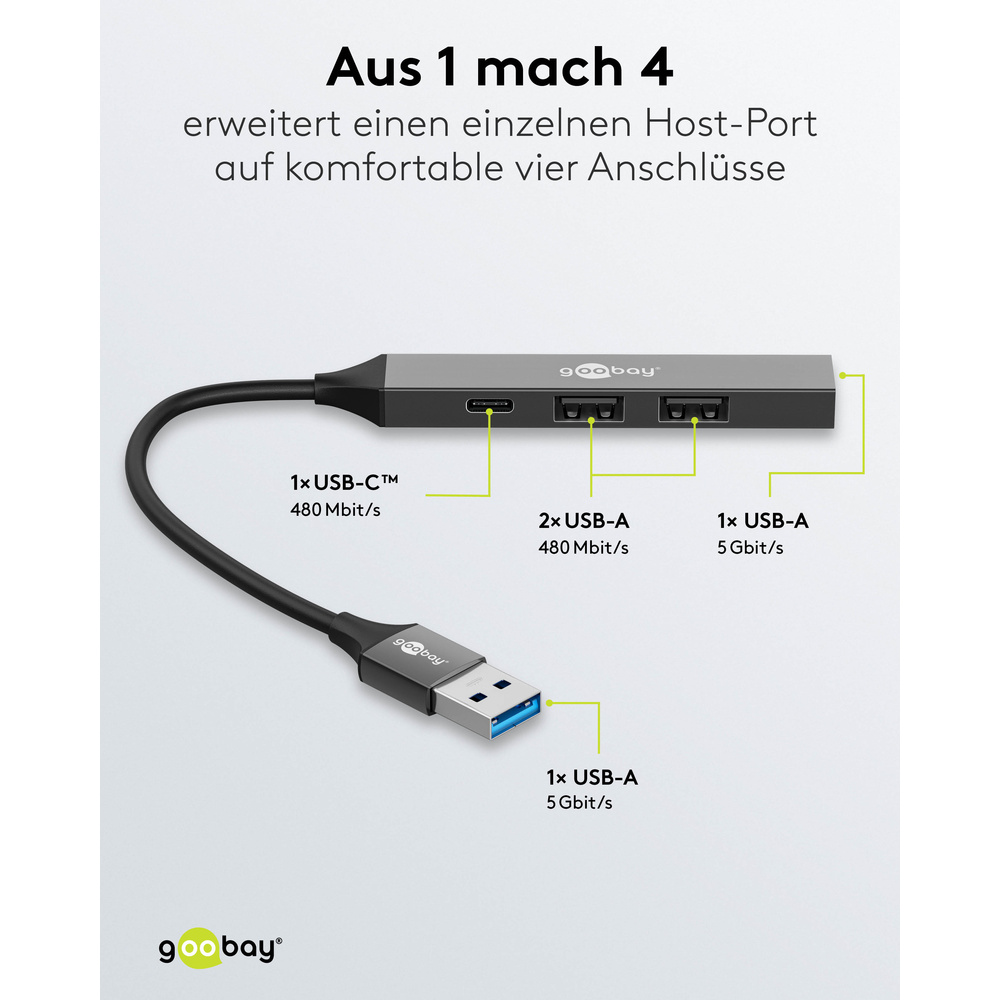 Goobay Slim 4-Port USB-Hub, USB-A auf USB-C™/USB-A, 5 Gbit/s
