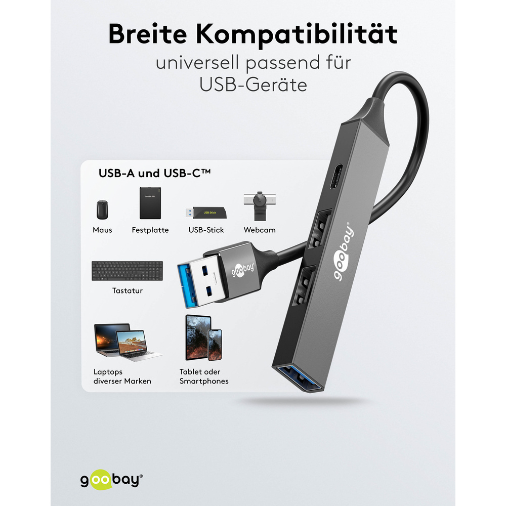 Goobay Slim 4-Port USB-Hub, USB-A auf USB-C™/USB-A, 5 Gbit/s