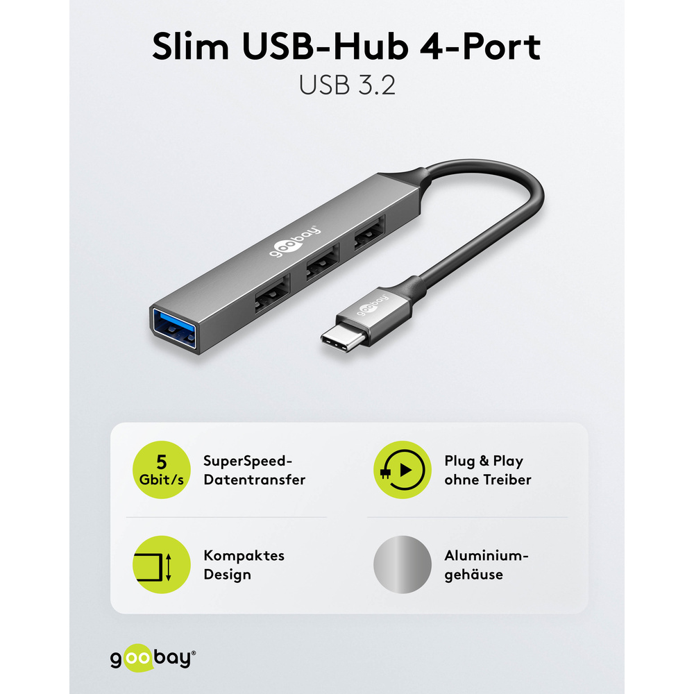 Goobay Slim 4-Port USB-Hub, USB-C™ auf USB-A, 5 Gbit/s