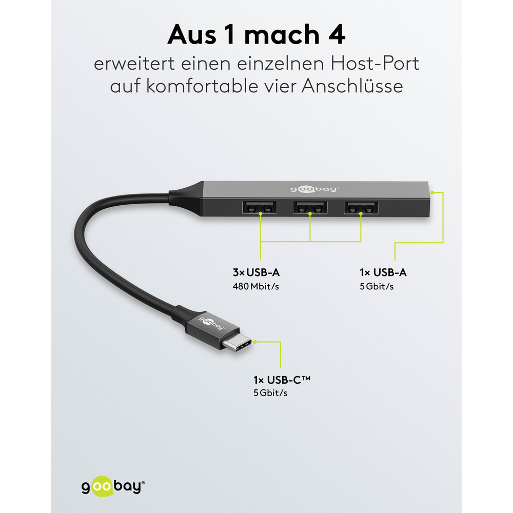 Goobay Slim 4-Port USB-Hub, USB-C™ auf USB-A, 5 Gbit/s