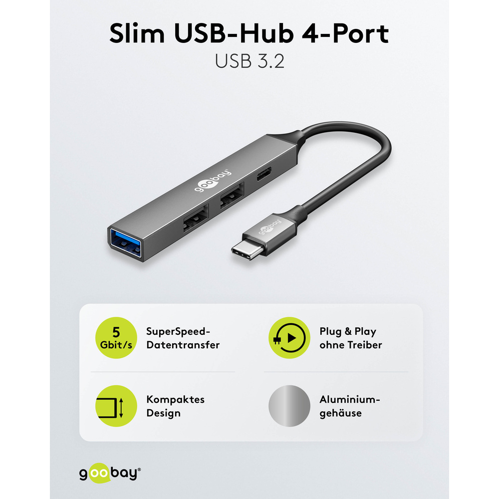Goobay Slim 4-Port USB-Hub, USB-C™ auf USB-C™/USB-A, 5 Gbit/s