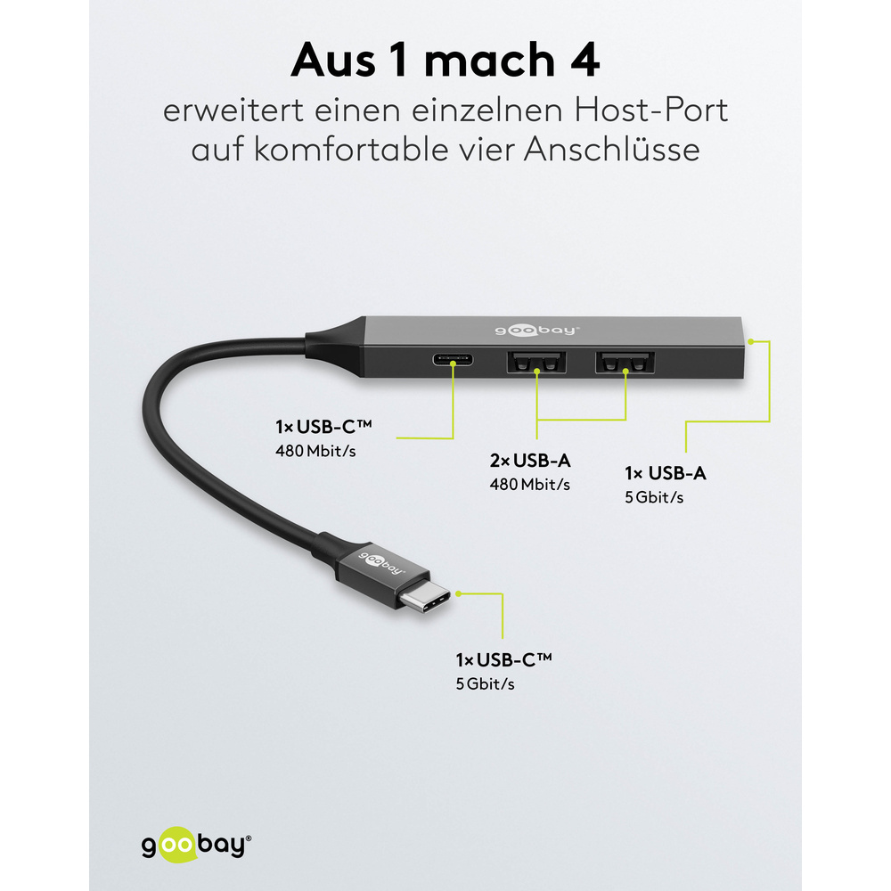 Goobay Slim 4-Port USB-Hub, USB-C™ auf USB-C™/USB-A, 5 Gbit/s