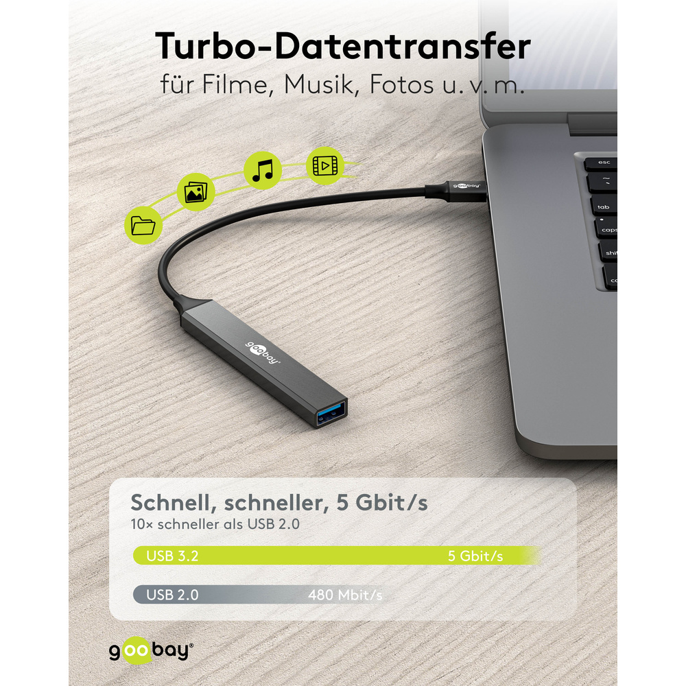 Goobay Slim 4-Port USB-Hub, USB-C™ auf USB-C™/USB-A, 5 Gbit/s
