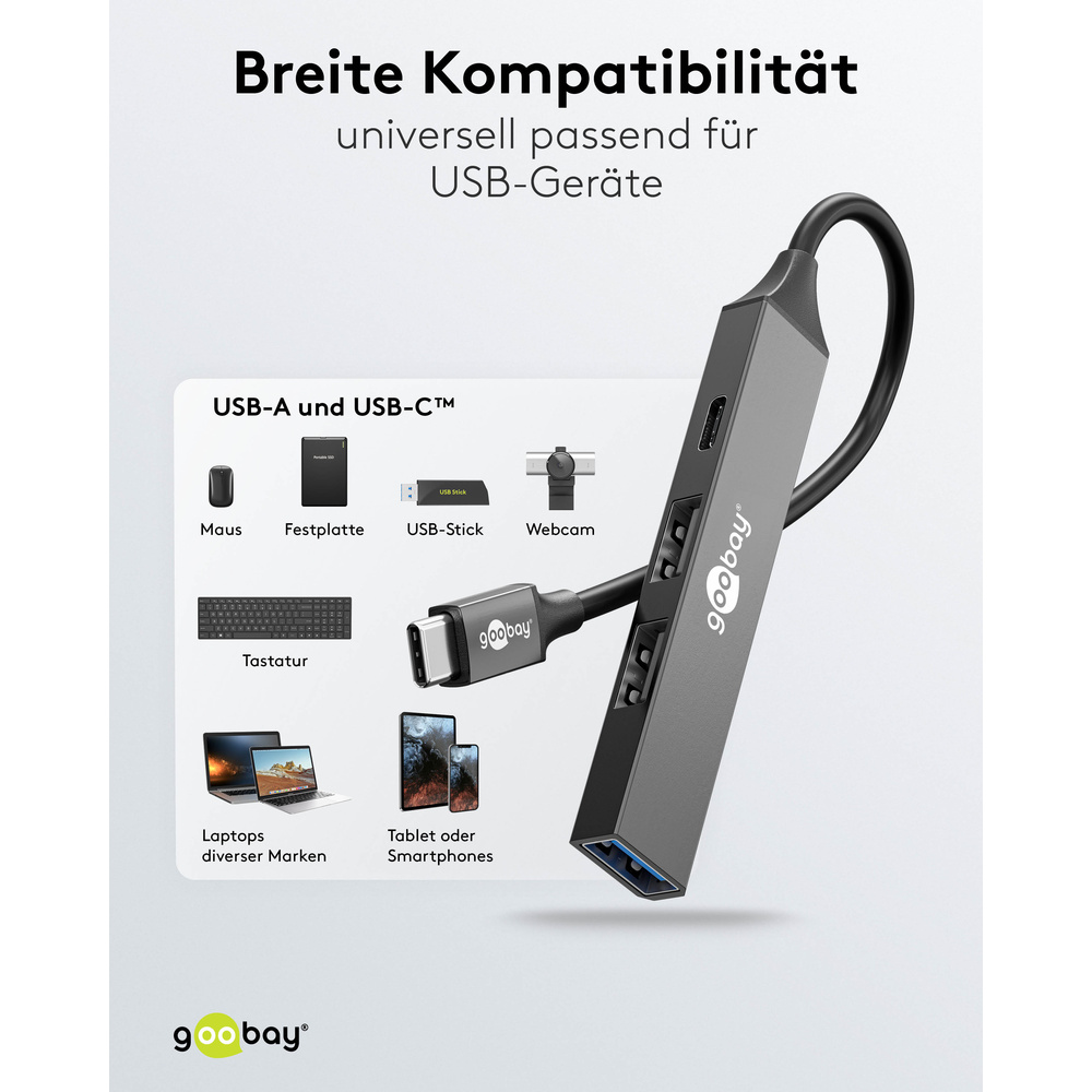 Goobay Slim 4-Port USB-Hub, USB-C™ auf USB-C™/USB-A, 5 Gbit/s