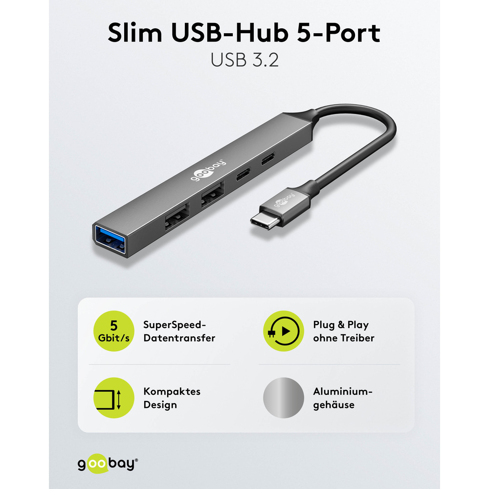 Goobay Slim 5-Port USB-Hub, USB-C™ auf USB-C™/USB-A, 5 Gbit/s