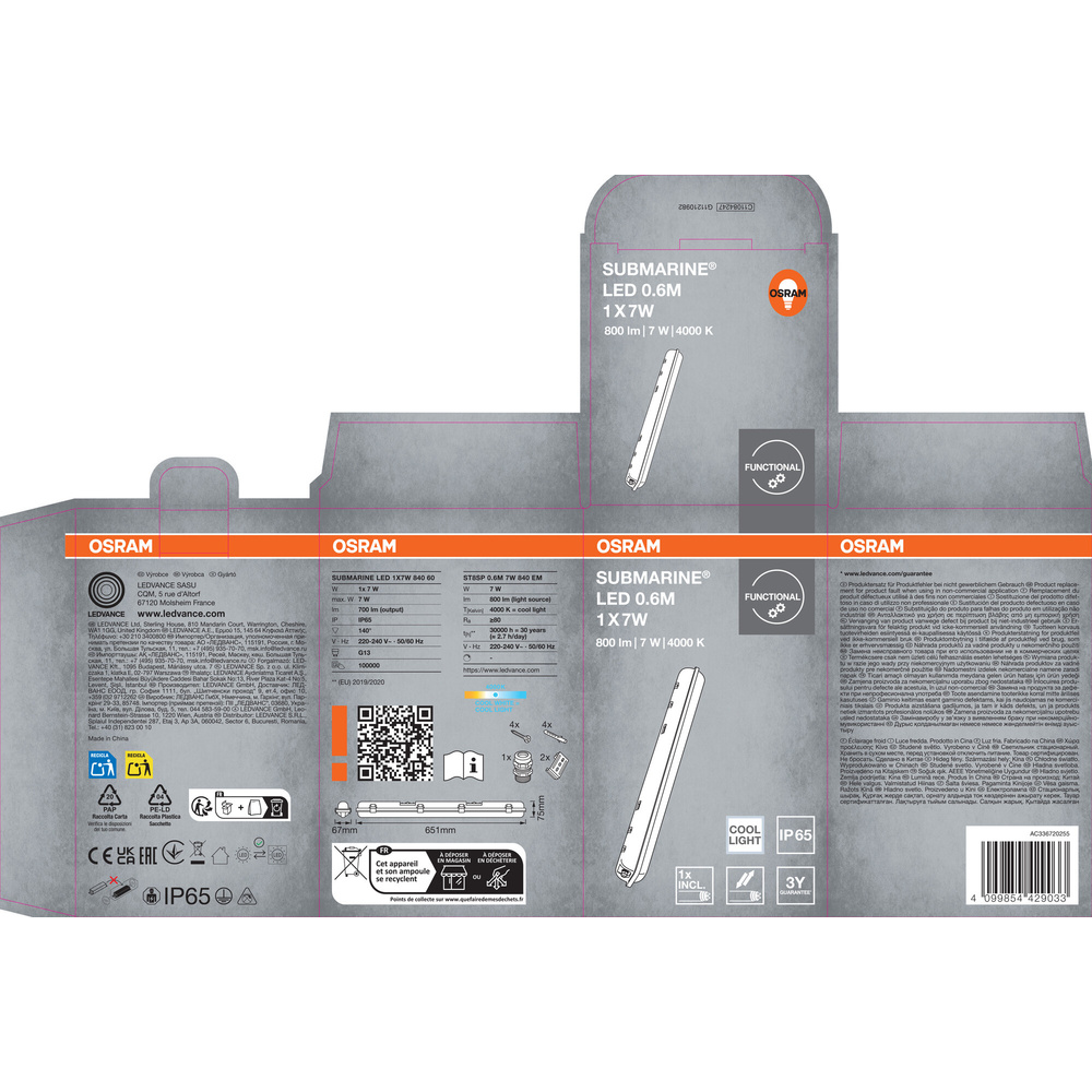OSRAM LED-Feuchtraumleuchte Submarine, 1x 7W, 700 lm 4000K, 0,6m, IP65