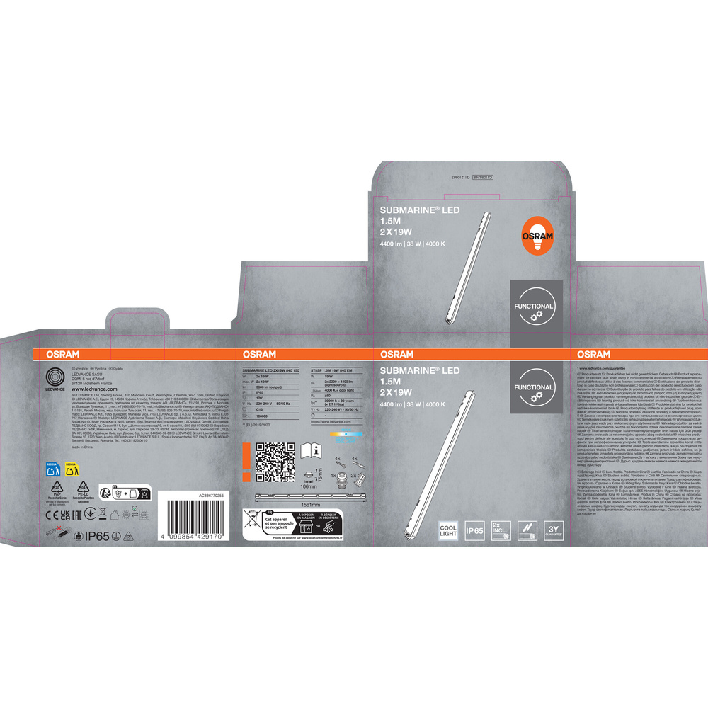 OSRAM Submarine LED-Feuchtraumleuchte 2x19W, 3800 lm, 4000 K, 1,5m, neutralweiß