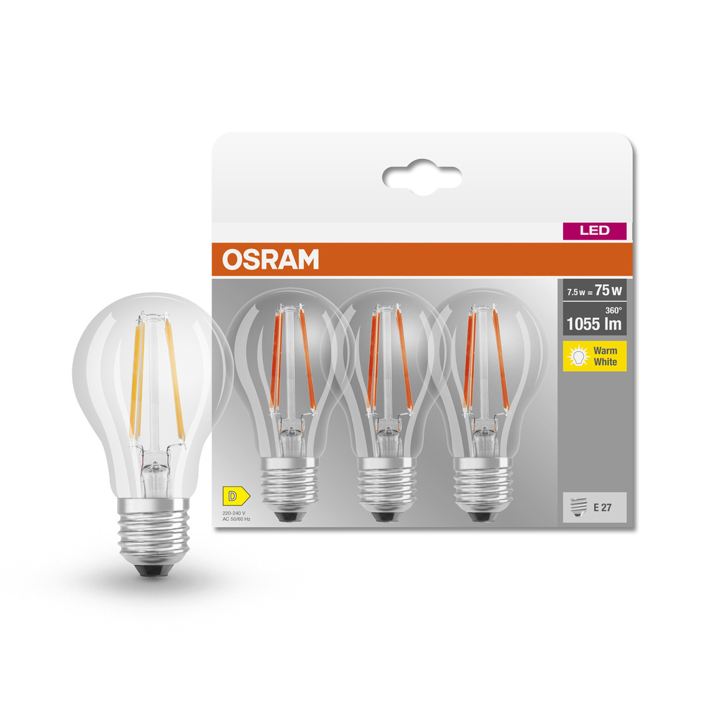 Osram LED Base Classic A 75 Filament, 7.5W, 1055 lm, E27, warmweiß, klar, 3-er Pack