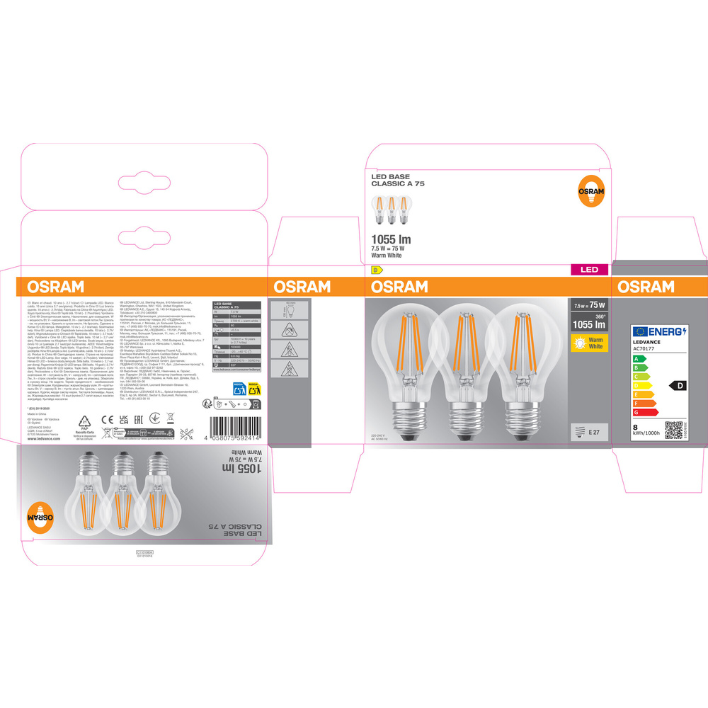 Osram LED Base Classic A 75 Filament, 7.5W, 1055 lm, E27, warmweiß, klar, 3-er Pack