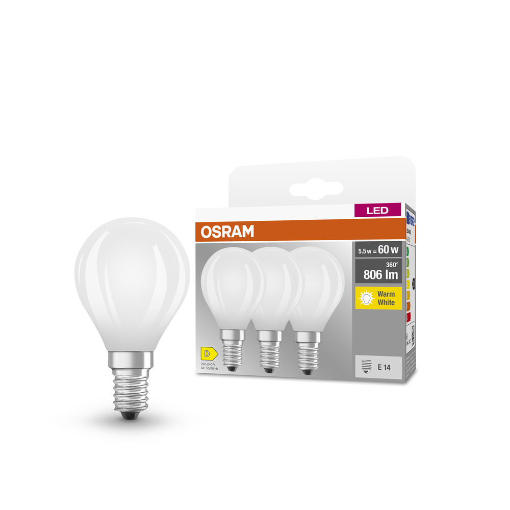 Osram LED Base Classic P 60 Filament, 5,5W, 806 lm, E14, warmweiß, matt, 3-er Pack