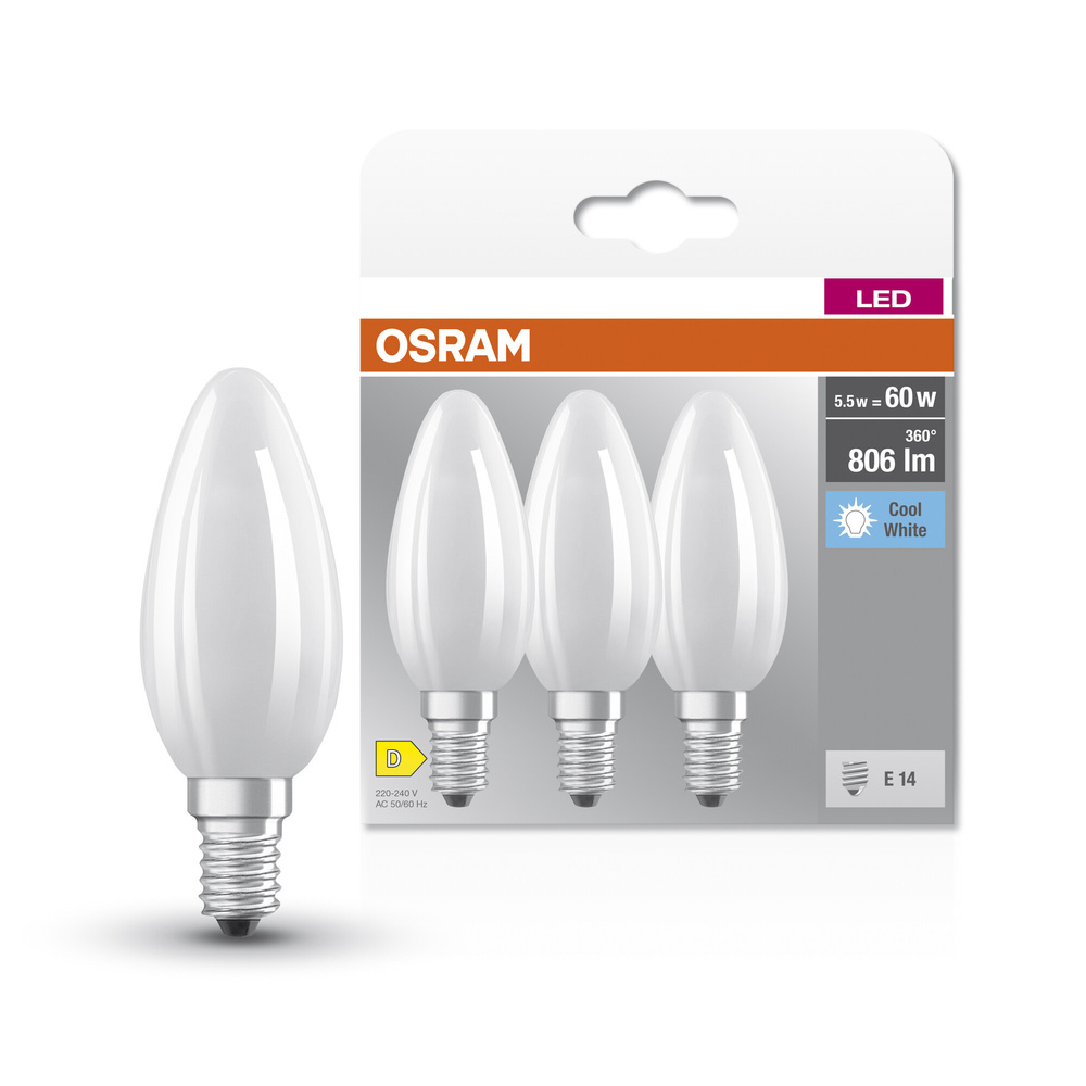 Osram LED Base Classic B 60 Filament, 5,5W, 806 lm, E14, kaltweiss, matt, 3-erPack