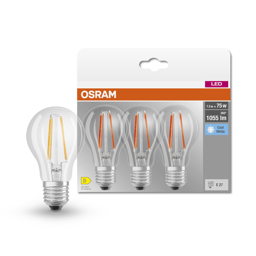 Osram LED Base Classic A 75 Filament, 7,5 W, 1055 lm, E27, kaltweiß, klar, 3er Pack