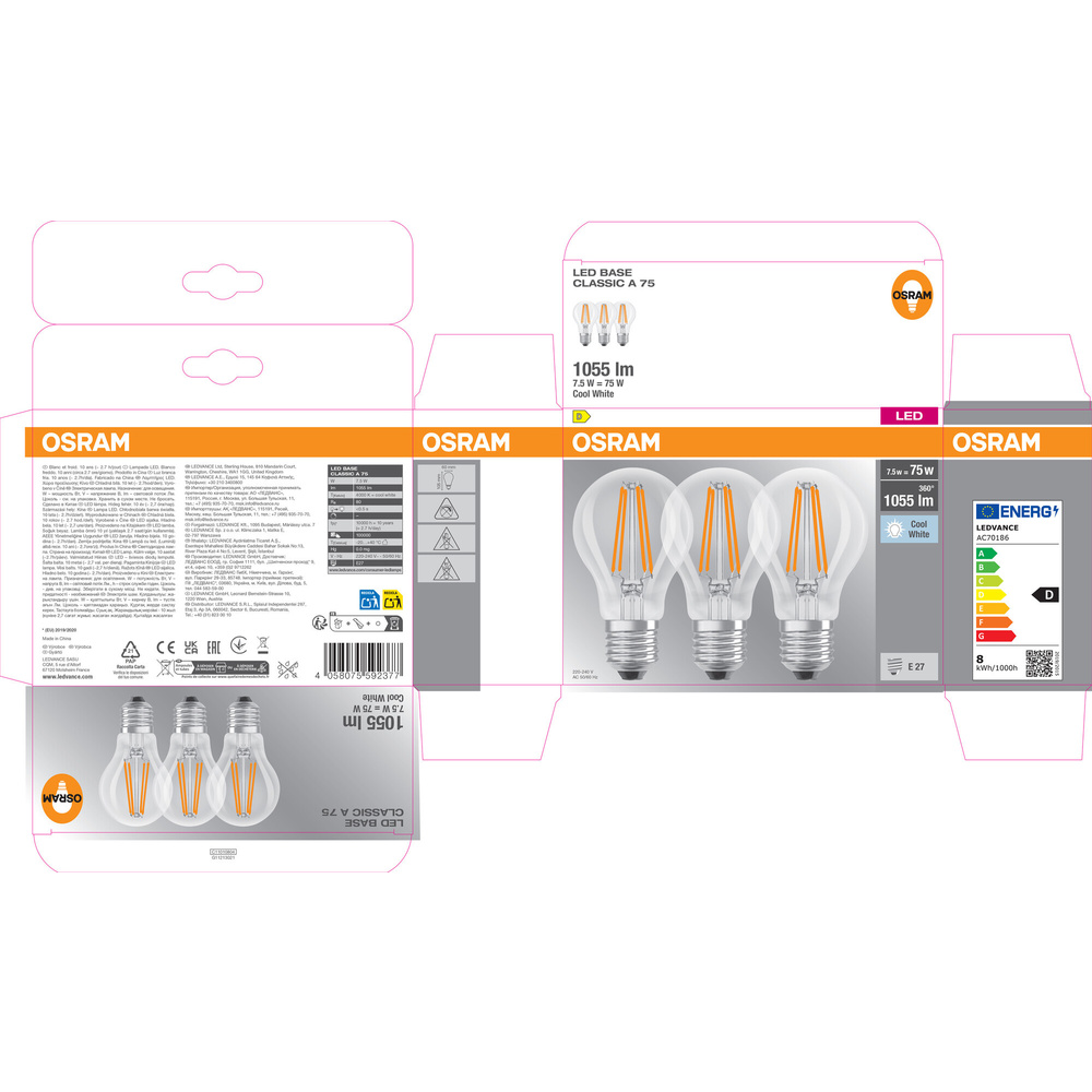 Osram LED Base Classic A 75 Filament, 7,5 W, 1055 lm, E27, kaltweiß, klar, 3er Pack