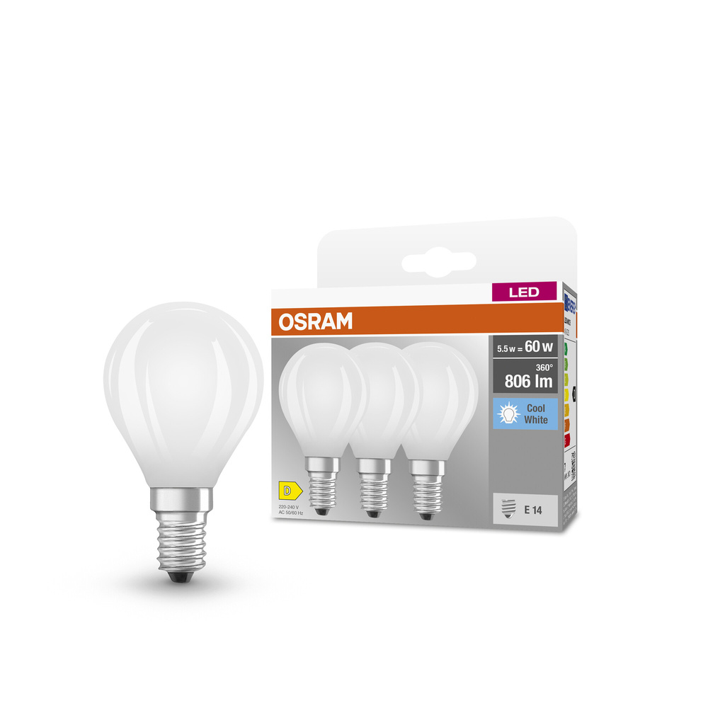 Osram LED Base Classic P 60 Filament, 5,5 W, 806 lm, E14, kaltweiß, matt, 3er Pack