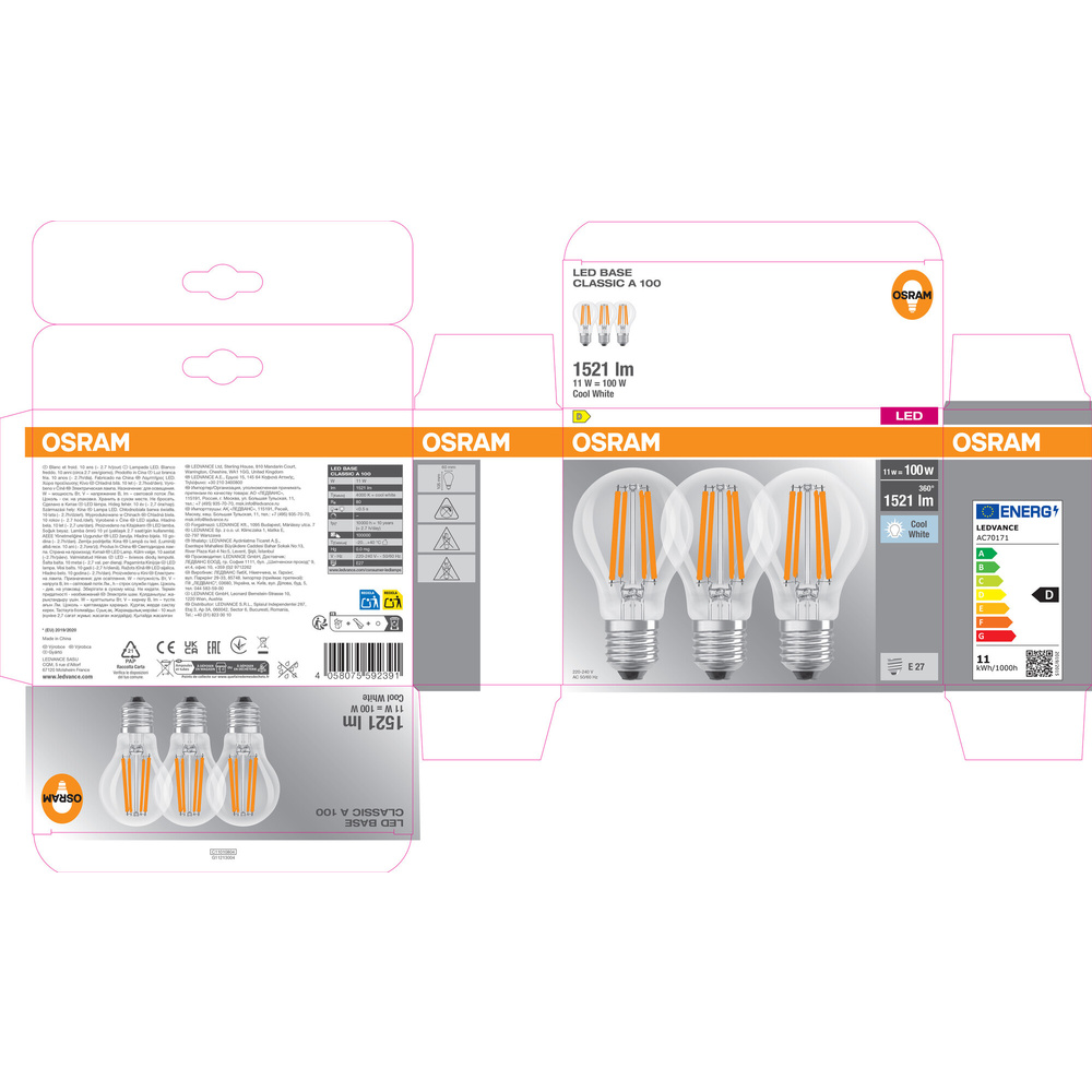 Osram LED Base Classic A 100 Filament, 11 W, 1521 lm, E27, kaltweiß, klar, 3er Pack
