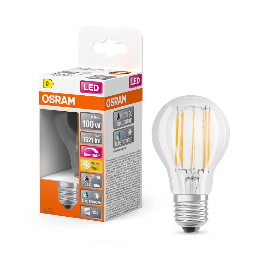 Osram LED Superstar Plus Classic A 100 Filament, 11 W, 1521 lm, E27, dimmbar, warmweiß, klar