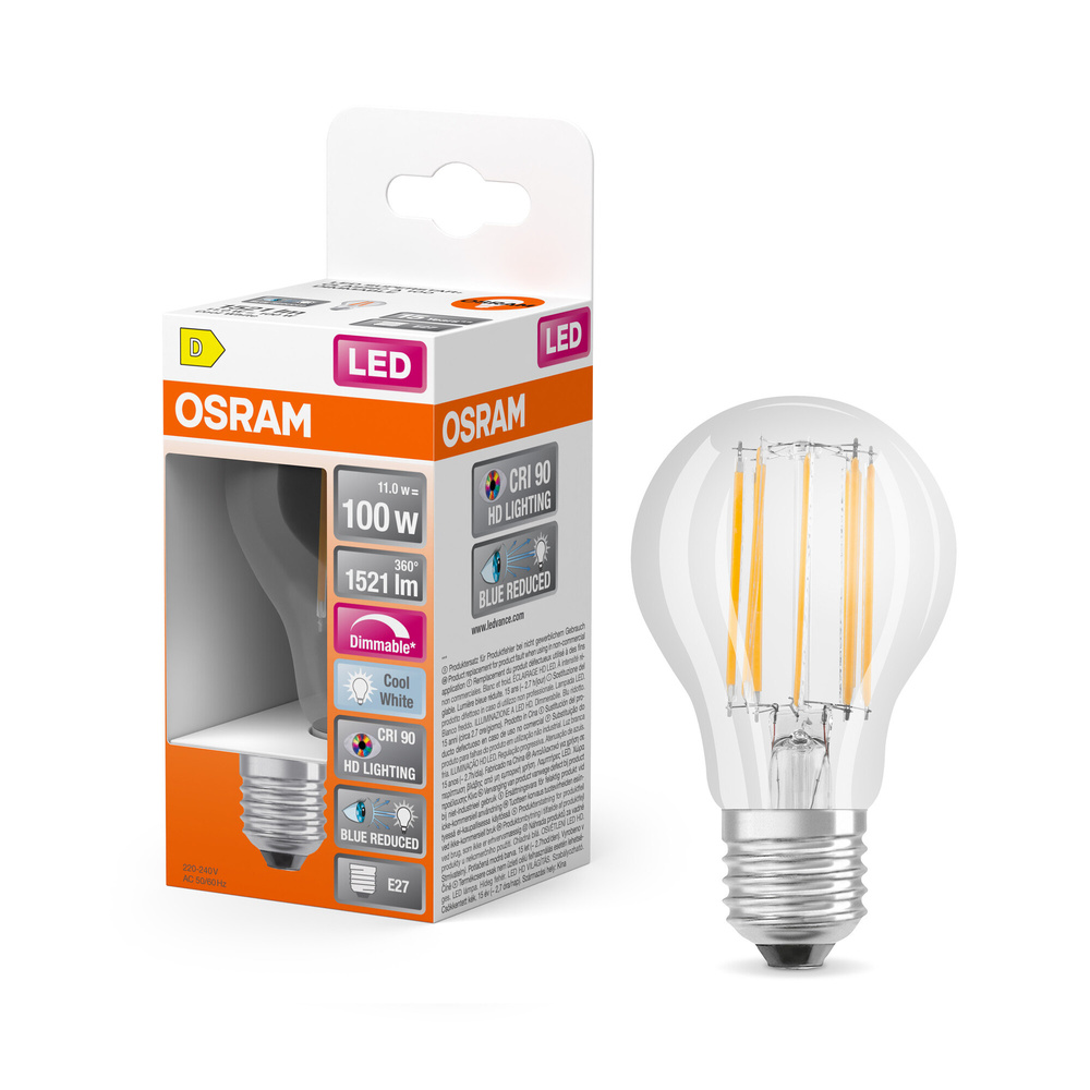 Osram LED Superstar Plus Classic A 100 Filament, 11 W, 1521 lm, E27, dimmbar, kaltweiß, klar