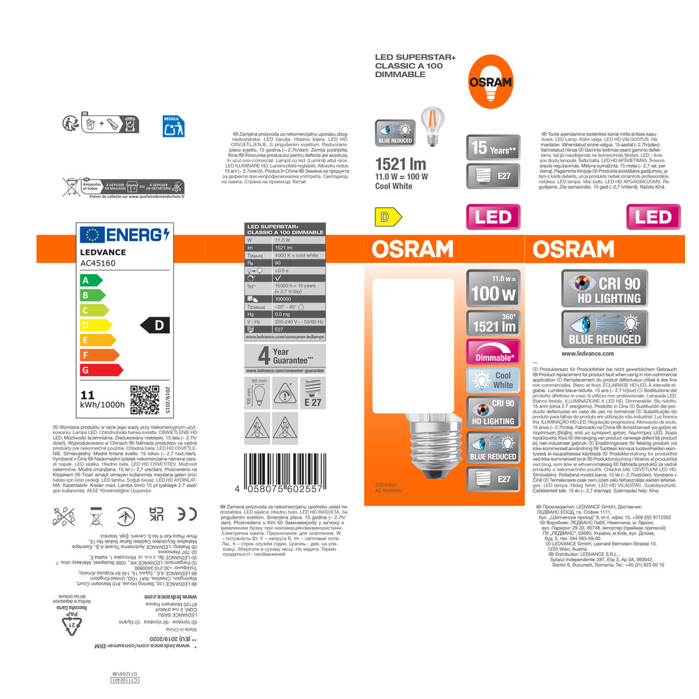 Osram LED Superstar Plus Classic A 100 Filament, 11 W, 1521 lm, E27, dimmbar, kaltweiß, klar