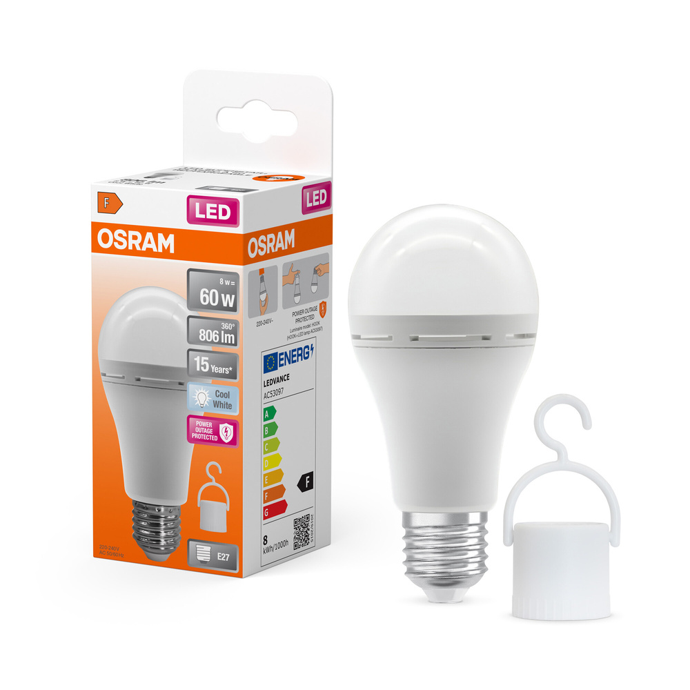 Osram LED Classic A 60 Rechargeable, 8 W, 806 lm, E27, kaltweiß, matt, Akku-Notlicht
